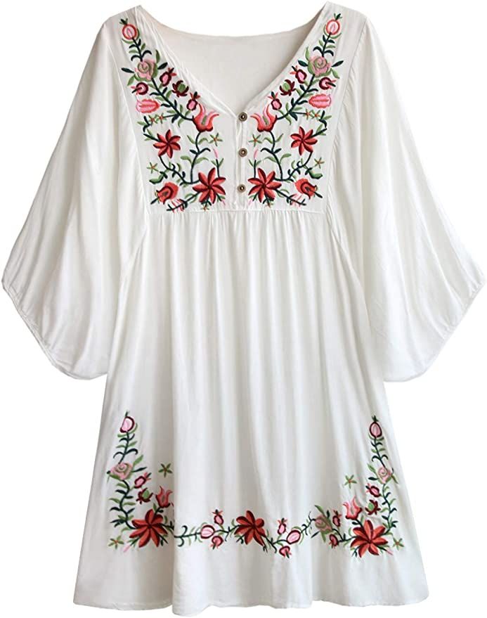 Women's Vintage Floral Embroidery Mexican Style Tunic Dresses Shirt Bohemian Flowy Shift Mini Dre... | Amazon (US)