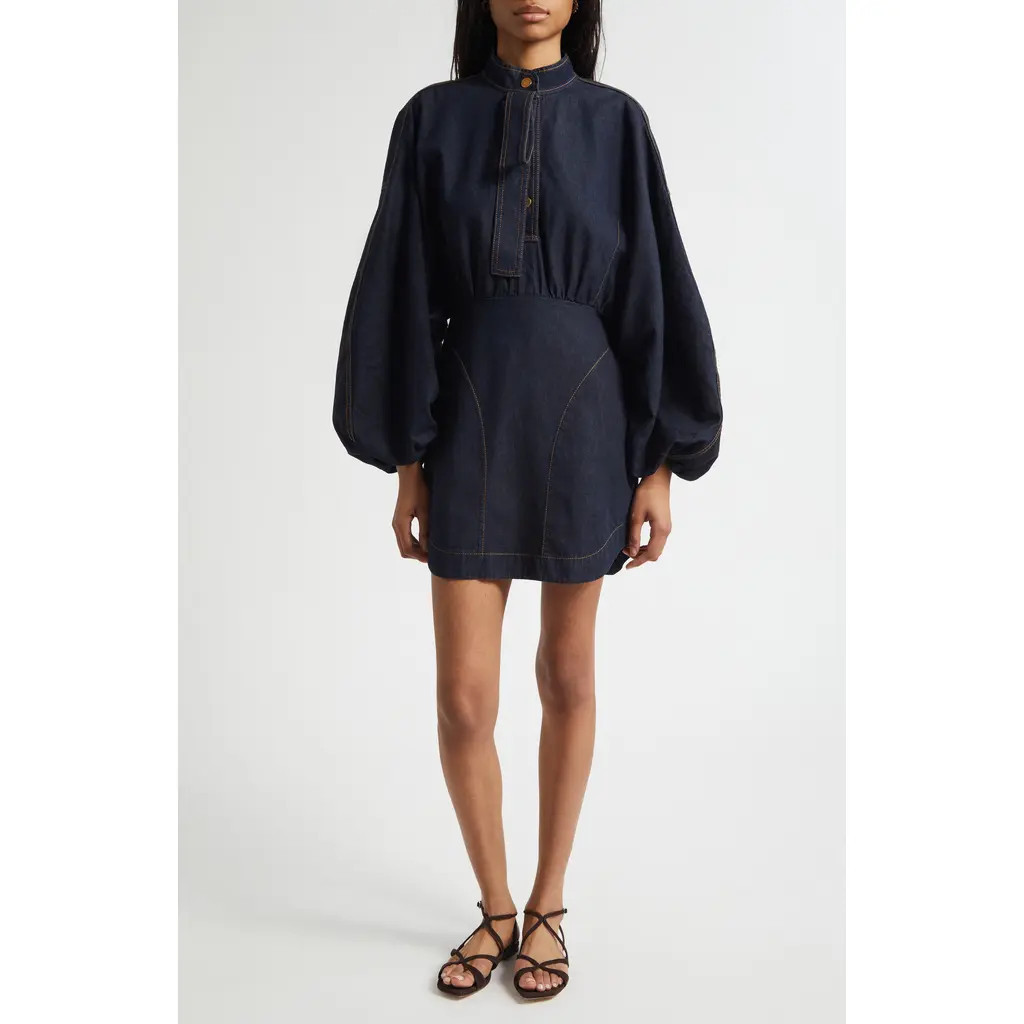 Zimmermann Gathered Long Sleeve Denim Minidress in Night Sky at Nordstrom, Size 0 | Nordstrom