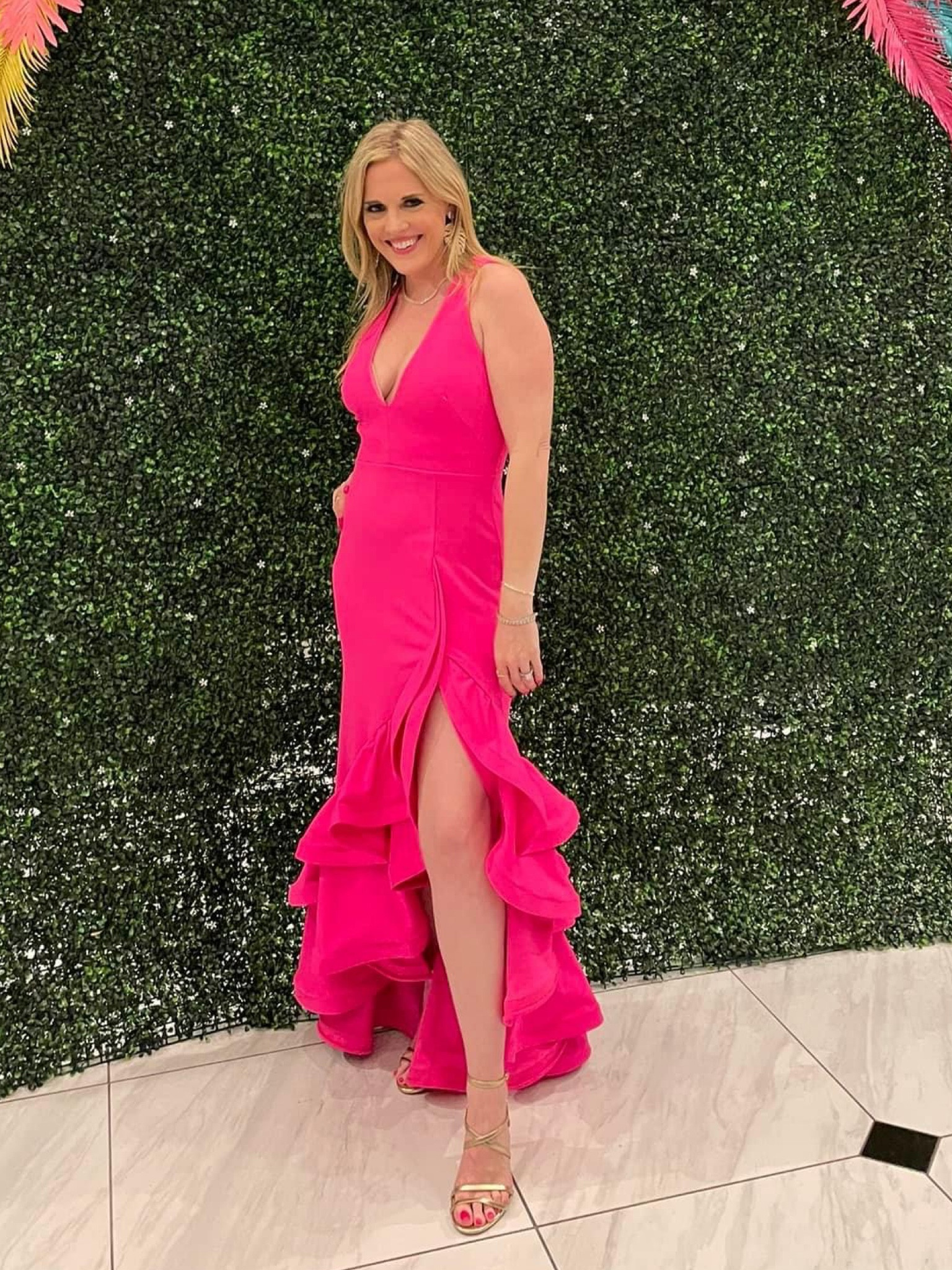 Ruffle dress / ruffle gown/ hot pink / evening gown / wedding guest dress / spring dress / summer dress / gold heels / gold 

#LTKsalealert #LTKwedding #LTKshoecrush