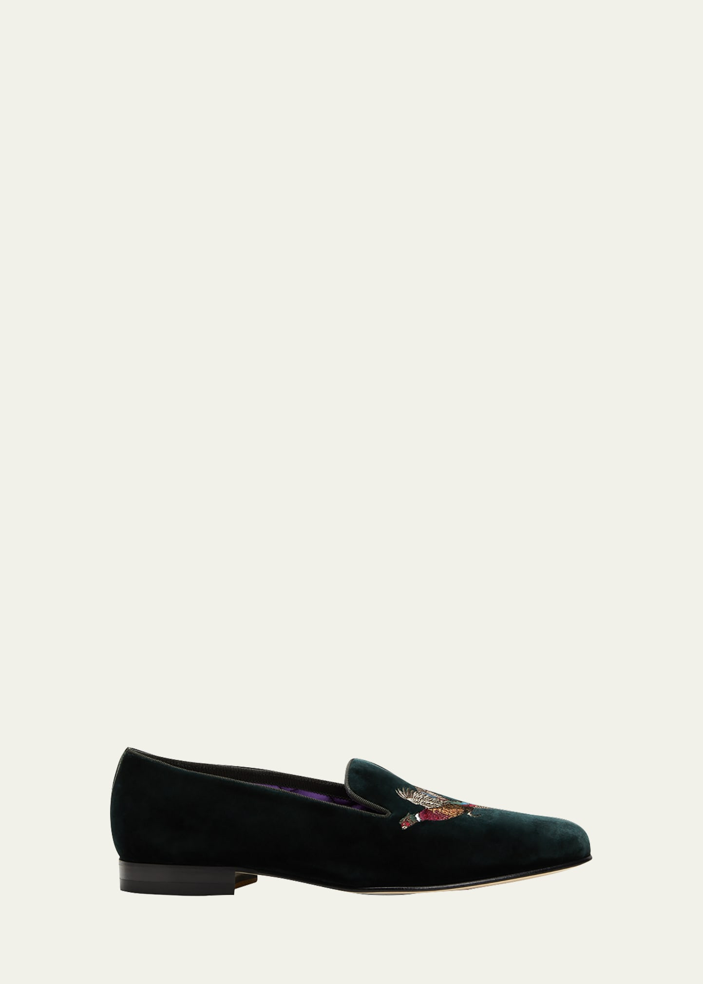 Men's Alonzo Pheasant-Embroidered Velvet Slippers | Bergdorf Goodman