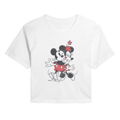 Women's Disney Mickey And Minnie Heart Cropped Graphic T-Shirt - White - Small | Target
