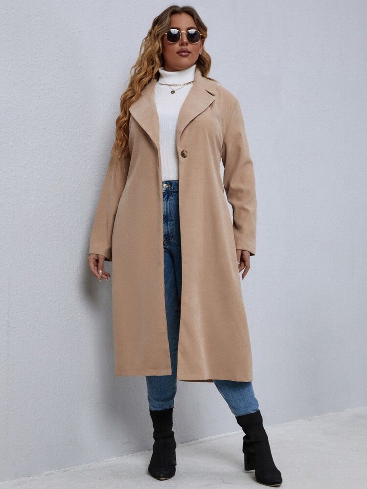 Plus Lapel Collar Belted Single Button Coat | SHEIN