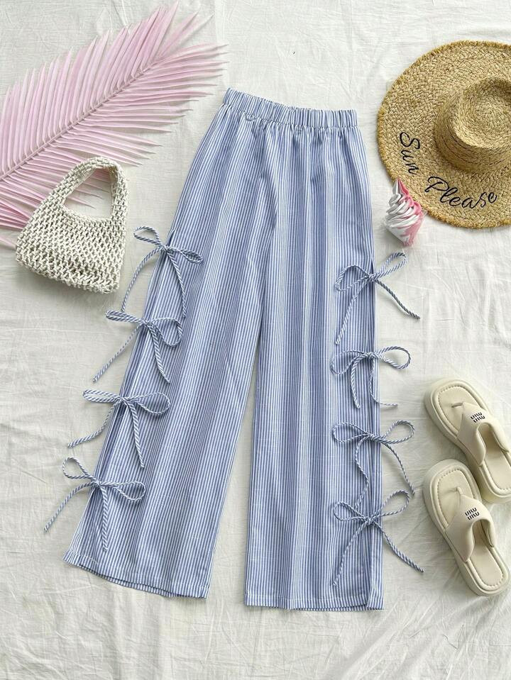 SHEIN WYWH Blue & White Striped Butterfly Tie Hollow Out Elastic Waist Romantic Casual Vacation W... | SHEIN