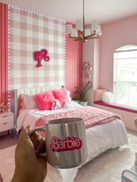 Barbie room, girls bedroom, pink bedroom, kids room, upholstered bedroom, full size bed, girls pink bedding, small nightstands, pink throw pillows, gold chandelier 

#LTKkids #LTKhome