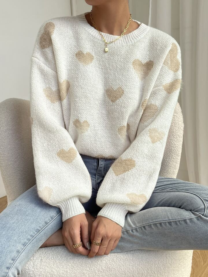 SHEIN Qutie Heart Pattern Drop Shoulder Sweater | SHEIN