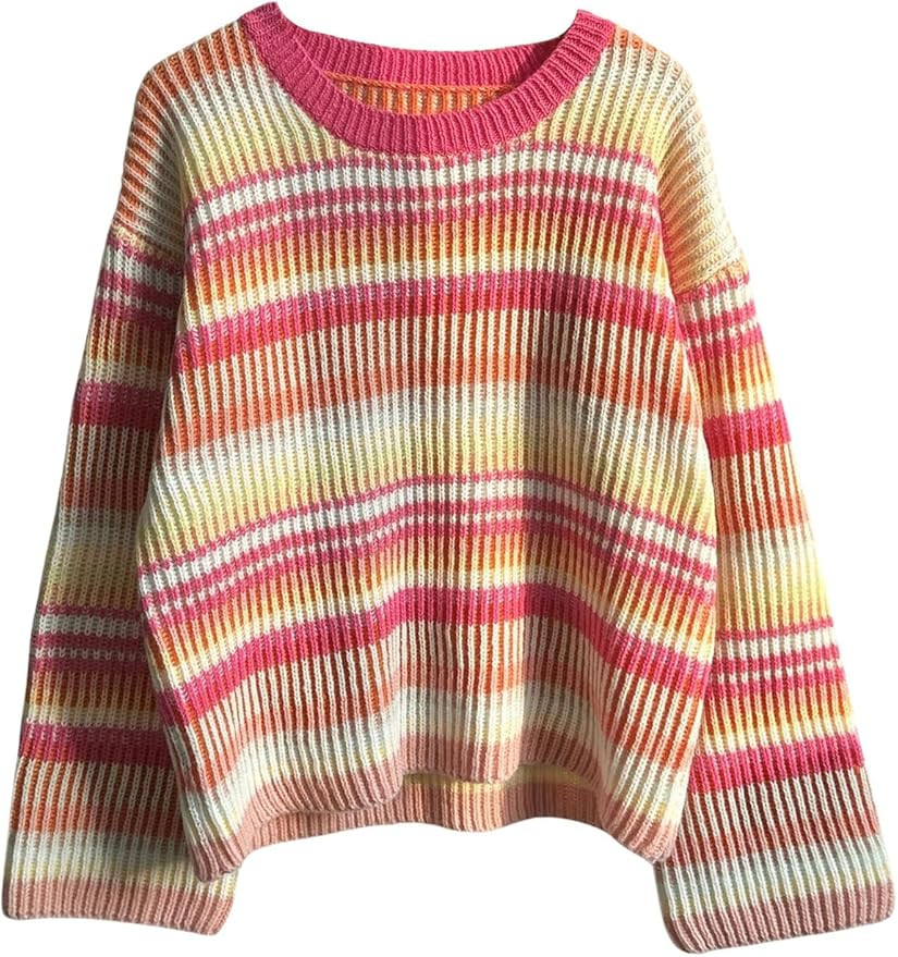 Verdusa Women's Colorful Striped Pullover Sweaters Drop Shoulder Rib Knit Tops Fall Clothes | Amazon (US)