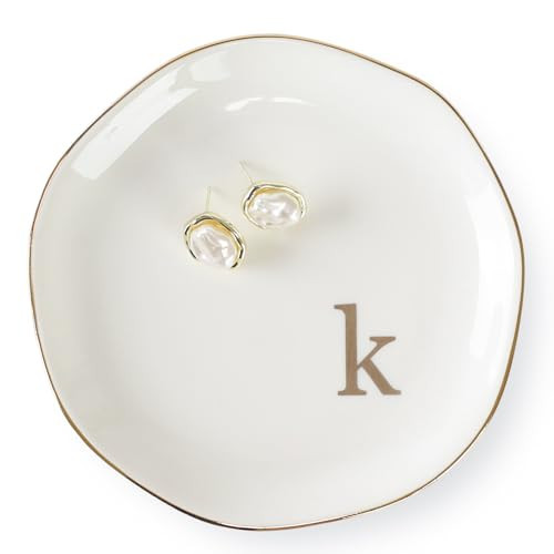 HOME SMILE Initials Ring Dish Jewery Tray with Personalized K-Monogrammed Engagement Wedding Gifts for Friends,Sister,Birthday Christmas Gifts for Women,Ceramic White | Amazon (US)