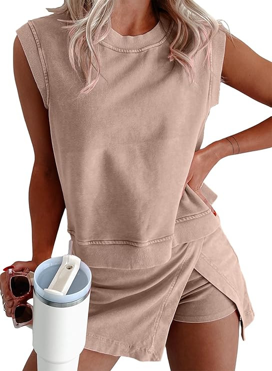 KevaMolly Womens Travel Outfits Summer Lounge Set Two Pieces Mineral Wash Cotton Tank Top Lined S... | Amazon (US)