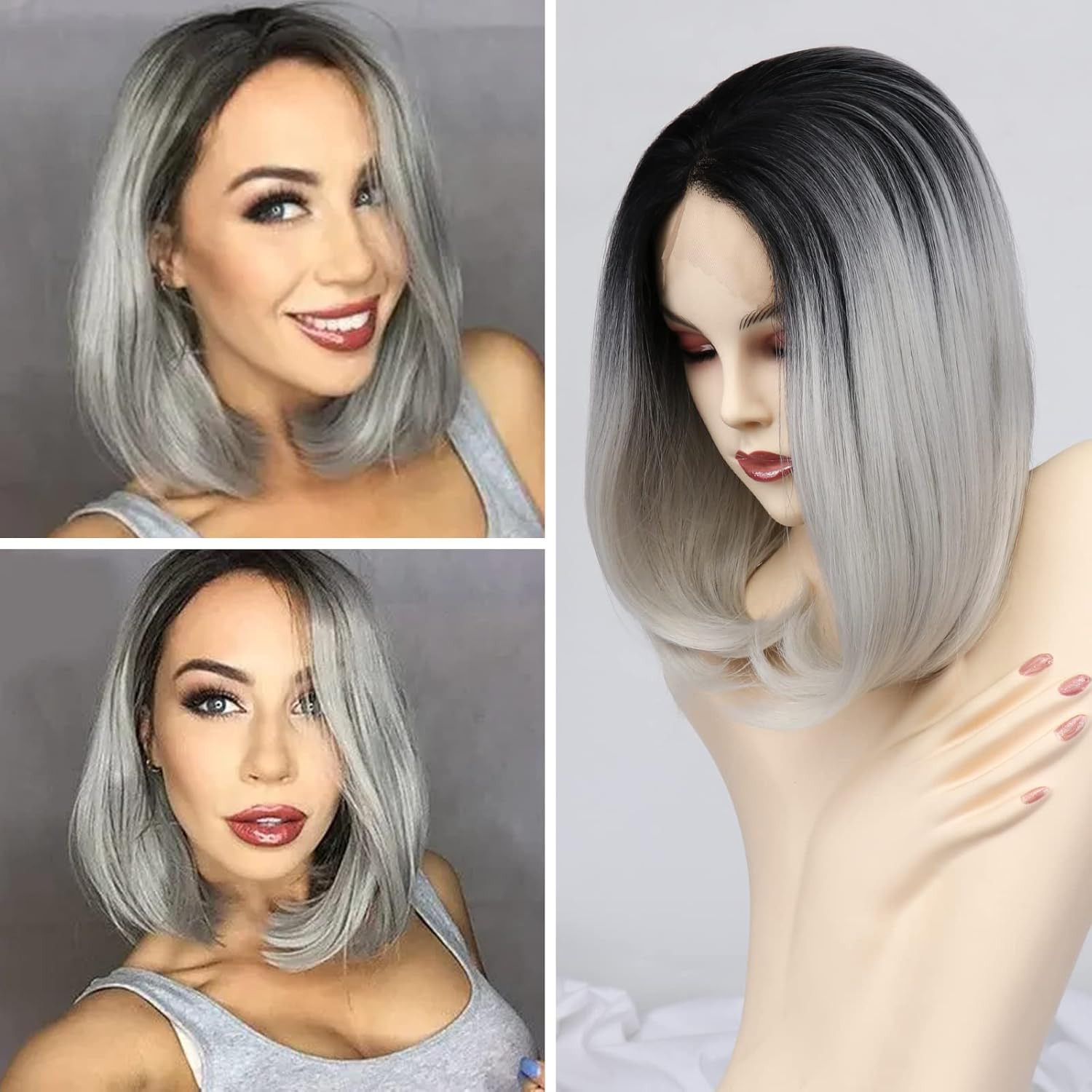 BESTUNG Short Bob Wigs Straight Hair Wigs for Women Party Cosplay Accessories Full Wig (Lace Grey... | Amazon (US)