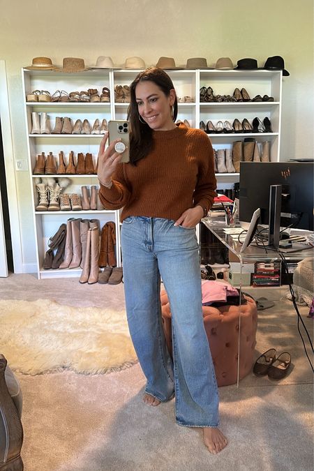 Easy mom outfit, postpartum style, everyday outfit, wide leg jeans, brown sweater, Everlane sweater

#LTKstyletip #LTKSeasonal #LTKover40