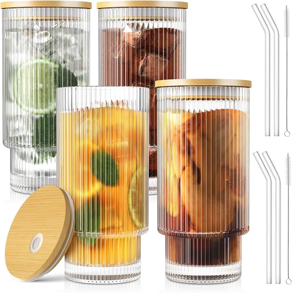 16OZ Ribbed Glass Cups with Lids and Straws 4 Set, Vintage Glassware for Whiskey Cocktail Beer, I... | Amazon (US)