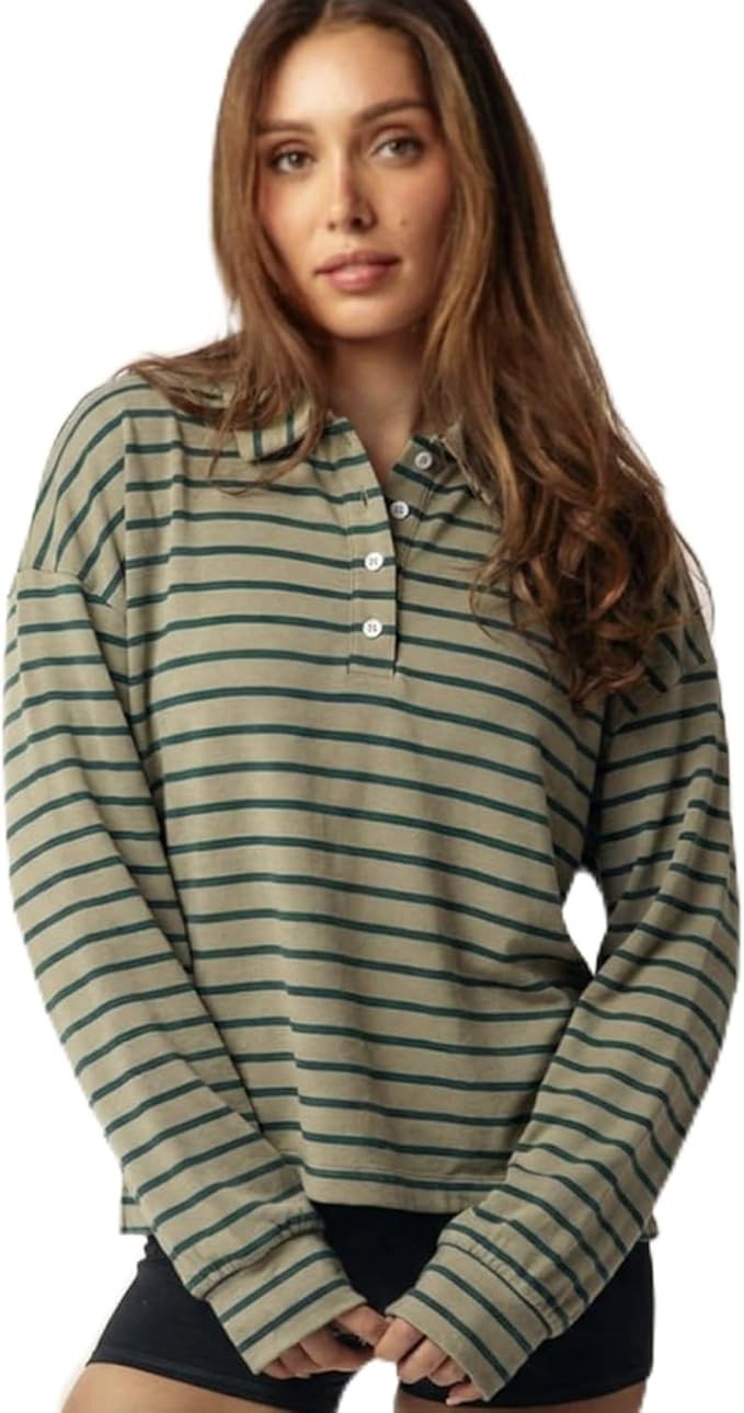 Almere Oversized Cotton Henley Longsleeve Tee, Striped Button Down, Boyfriend Fit | Amazon (US)