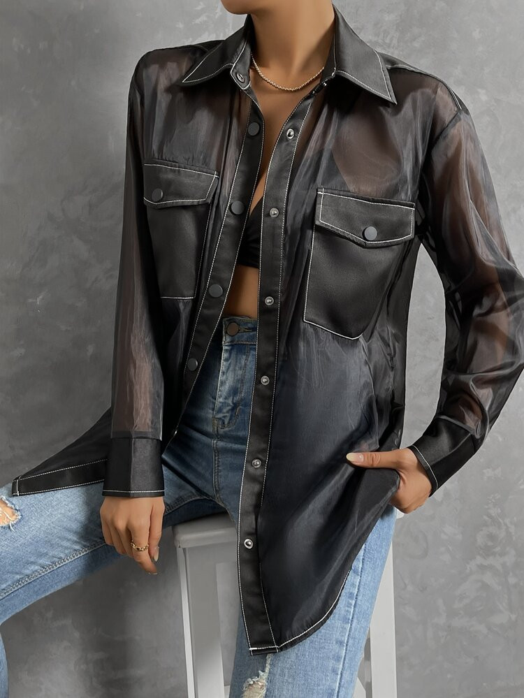 Flap Pocket Contrast Topstitching Sheer Coat | SHEIN