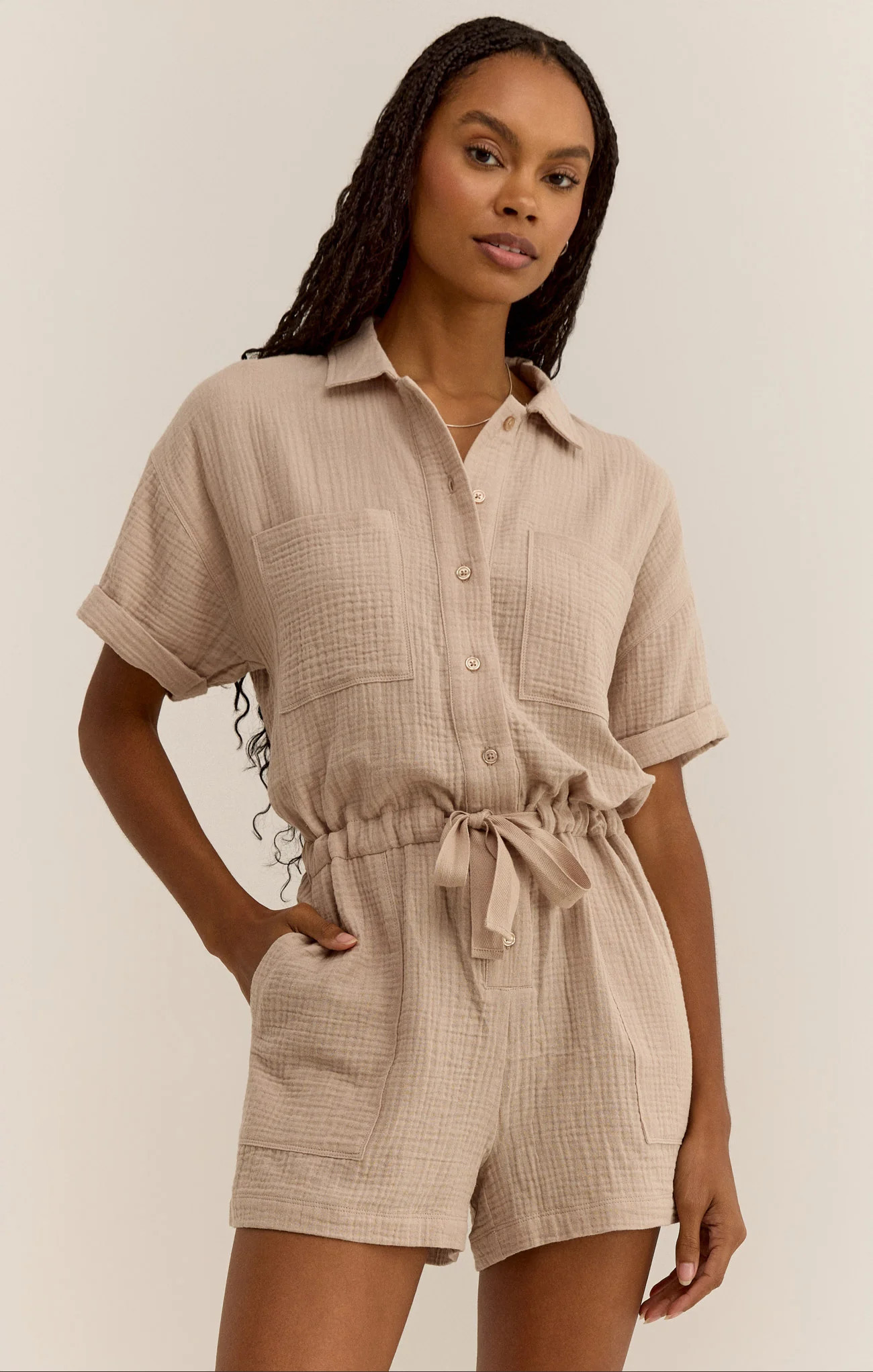Z SUPPLY Women's Lookout Gauze Romper, Putty, Small | Z Supply