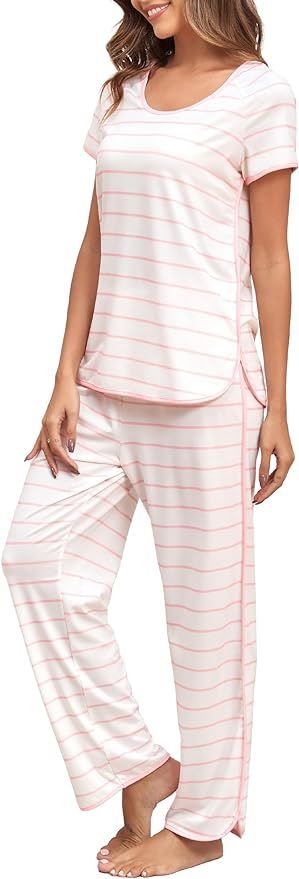 FKEEP Stripe Pajamas Set Women Two-Piece Nightwear Short Sleeve Sleepwear Soft Side Split Loungew... | Amazon (US)