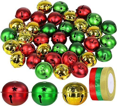 Winlyn 36 Pcs Assorted Christmas Sleigh Bells 2" Red Green Gold Metallic Jingle Bells Craft Bells... | Amazon (US)