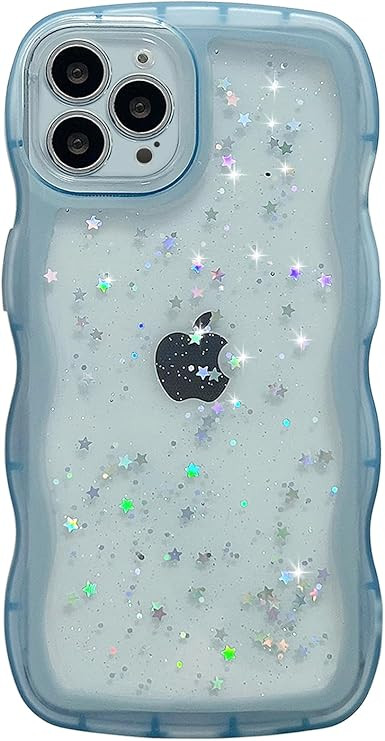 Qokey for iPhone 15 Pro Max Case 6.7",Curly Wave Design Transparent Bling Glitter Star Shiny Case... | Amazon (US)