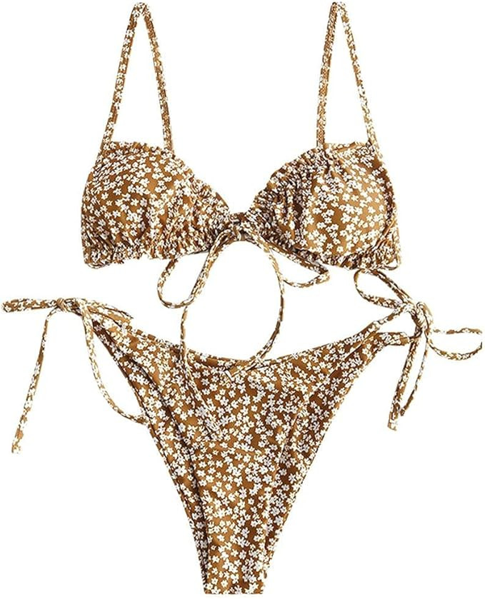 ZAFUL Women's Ditsy Floral Printed Swimsuit Underwired Knotted String Triangle Bikini High Cut Ch... | Amazon (US)