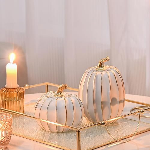 FESTGLOX Fall Pumpkin Decor, 2 PCS Resin Thanksgiving Fake Pumpkin Figurines, White and Gold Pumpkins for Decorating, Fall Decorations for Home, Farmhouse, Harvest Table Centerpiece | Amazon (US)