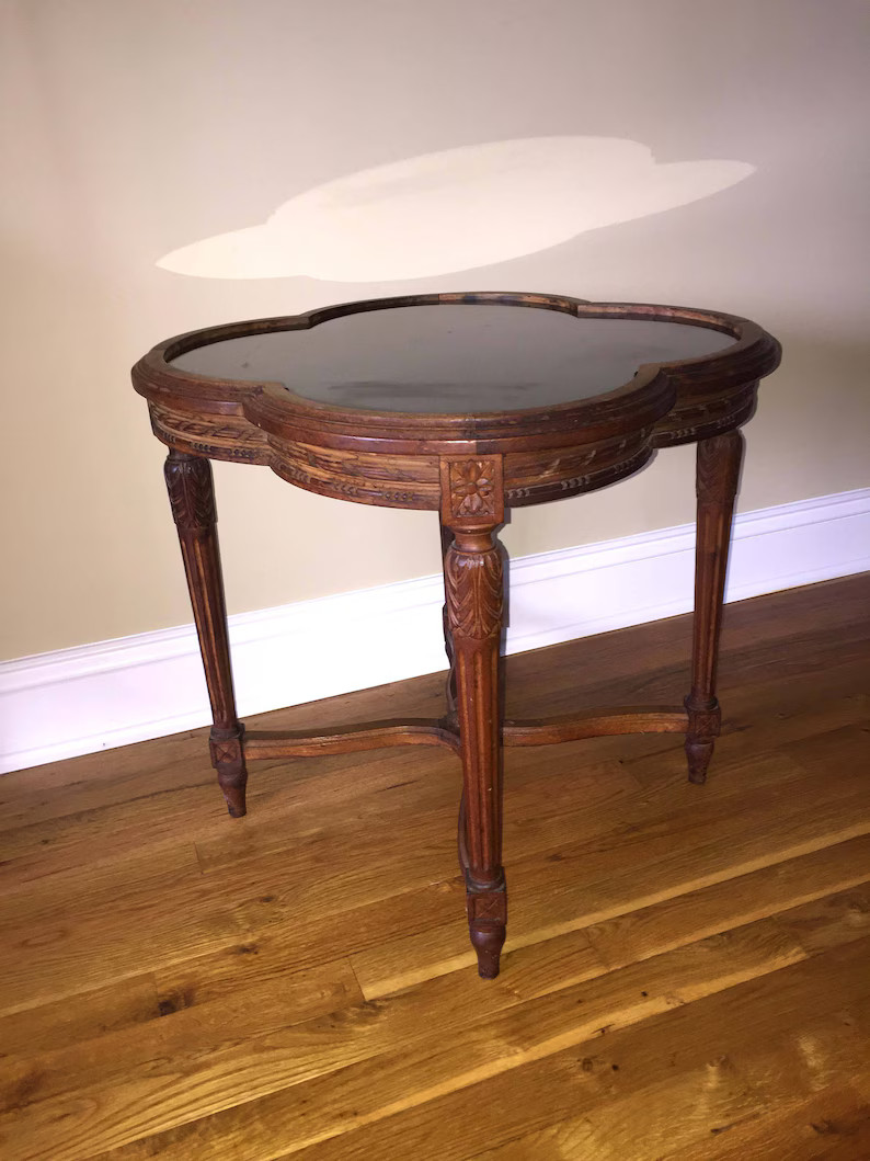 Hand Sawn Hand Carved Victorian Clover Black Glass Top Side Table with Foliage Embellishment | Etsy (US)