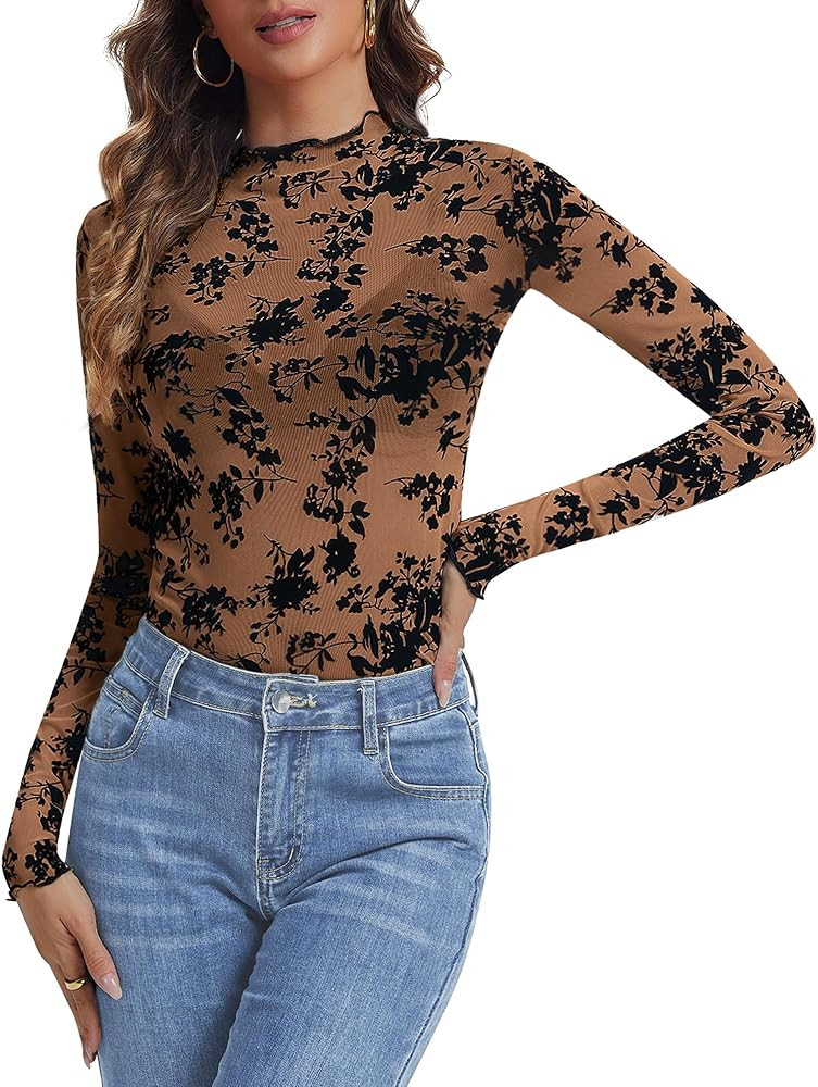 Womens Lace Mesh Long Sleeve Top Floral Sheer See Through Sexy Tops Mock Neck Shirts Party Club N... | Amazon (US)