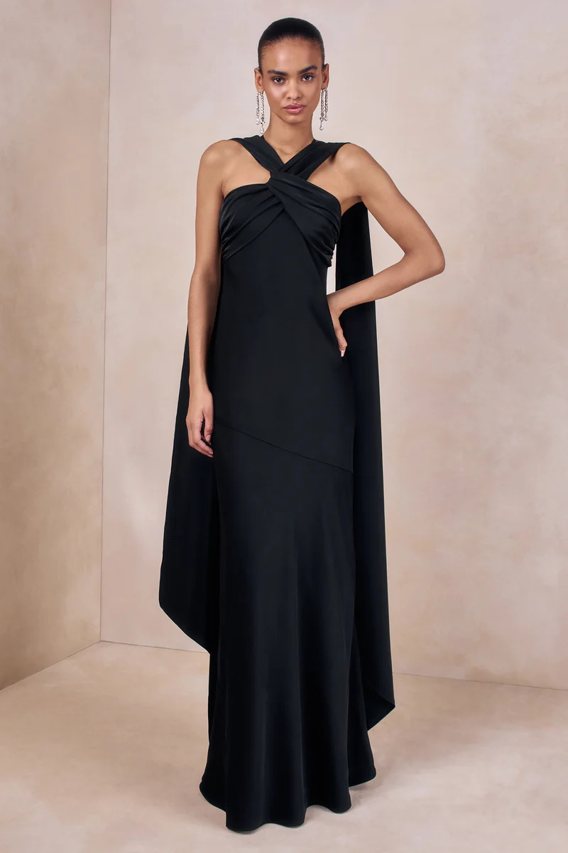 Sloane  Black Matte Satin Halter-Neck Maxi Dress With Cape | Club L London