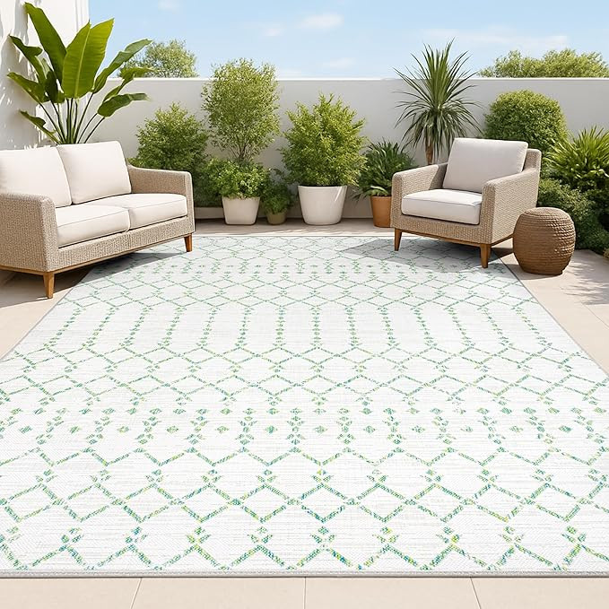 JONATHAN Y Moroccan Geometric Indoor Outdoor Area Rug 9X12 Green/Ivory, Ourika Textured Weave for... | Amazon (US)
