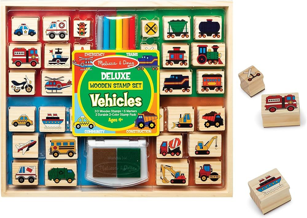 Melissa & Doug Deluxe Wooden Stamp and Coloring Set – Vehicles (30 Stamps, 6 Markers, 2 Durable... | Amazon (US)