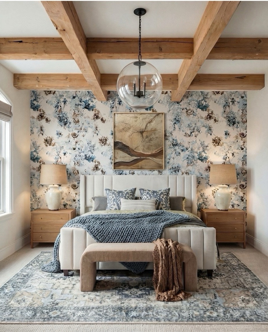 Shop the Look: Bedroom Refresh
• Blue + taupe floral wallpaper
• Cream upholstered channel-tufted bed
• Textured ceramic table lamps
• Light wood nightstands
• Mixed patterned pillows (blue ikat + green textured)
• Soft green quilt + layered bedding set
• Chunky blue-grey knit throw
• Upholstered taupe bench
• Vintage-style rug (muted blue, beige, taupe)
• Black-framed botanical artwork above the bed

#LTKSaleAlert #LTKHome