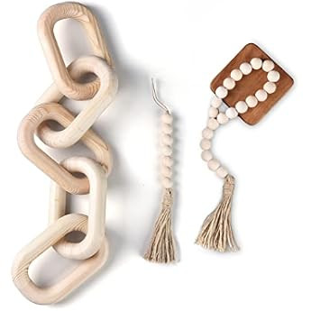 Decorative Wood Chain Link and Bead Garland Set | Hand Carved Pine Wood Chain Decor | Modern Farmhou | Amazon (US)