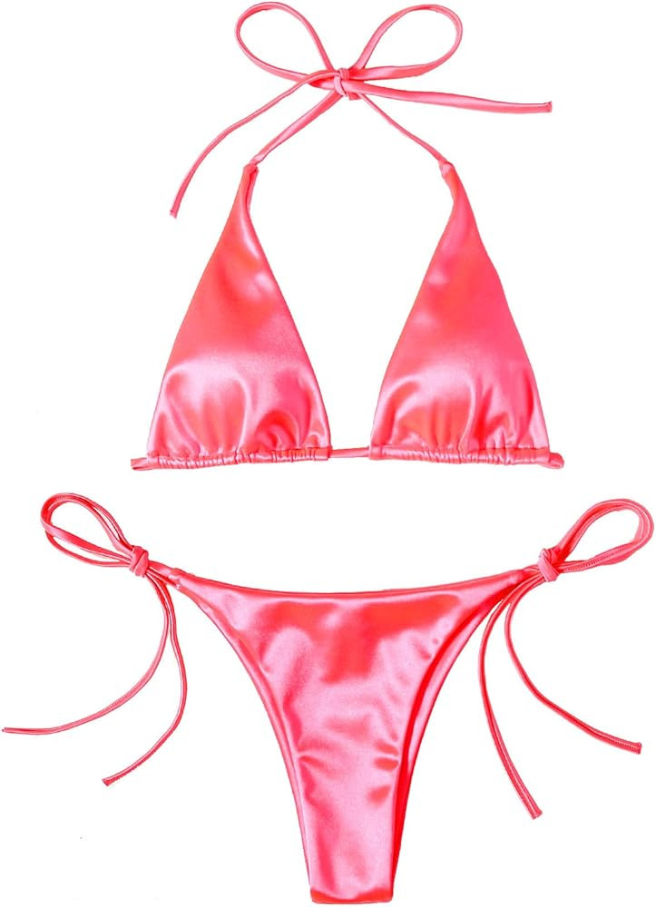 SOLY HUX Women's Metallic Halter Top Two Piece Swimsuit Tie Side Triangle Bikini | Amazon (US)