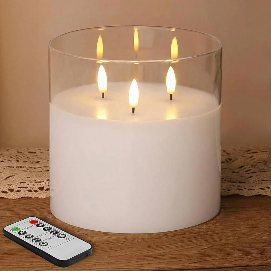 Eywamage 3 Wick Clear Glass Flameless Candle with Remote, Large Flickering LED Battery Pillar Can... | Amazon (US)