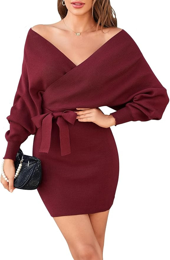 Zonsaoja Women's Sweater Dress Sexy V Neck Long Sleeve Backless Wrap Knitted Mini Dresses | Amazon (US)