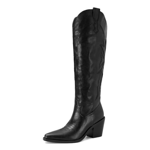 SOVANYOU Black Cowgirl Boots Knee High Cowboy Boots for Women Embroidered Wide Calf Western Boot Pointed Toe Block Heel Pull-On Tall Boot | Amazon (US)