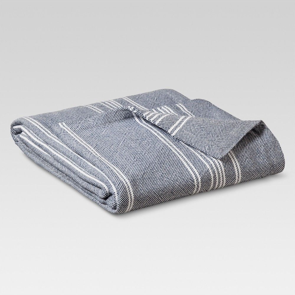 Yarn Dye Stripe Ringspun Cotton Blanket - Metallic Blue (Twin) - Threshold , Grey Blue | Target