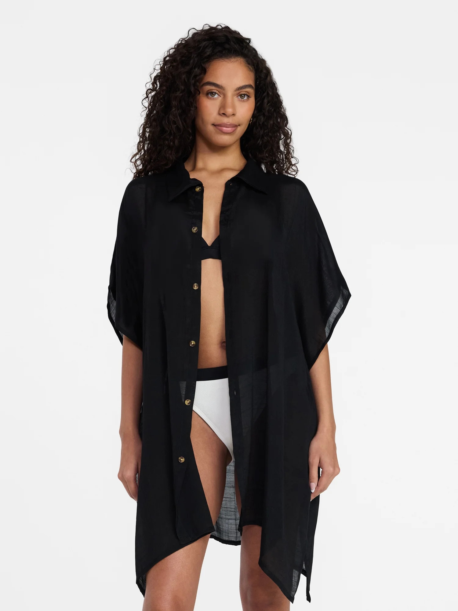 Time and Tru Women's Button Down Coverup, Sizes XXL/XXXL, Black Soot | Walmart (US)