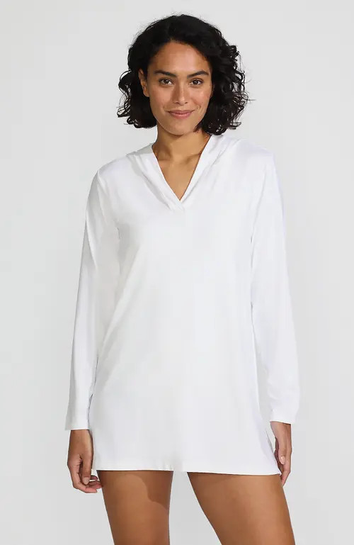 Lands' End Cotton Jersey Long Sleeve Hooded Swim Cover-up Dress in White at Nordstrom, Size Large | Nordstrom