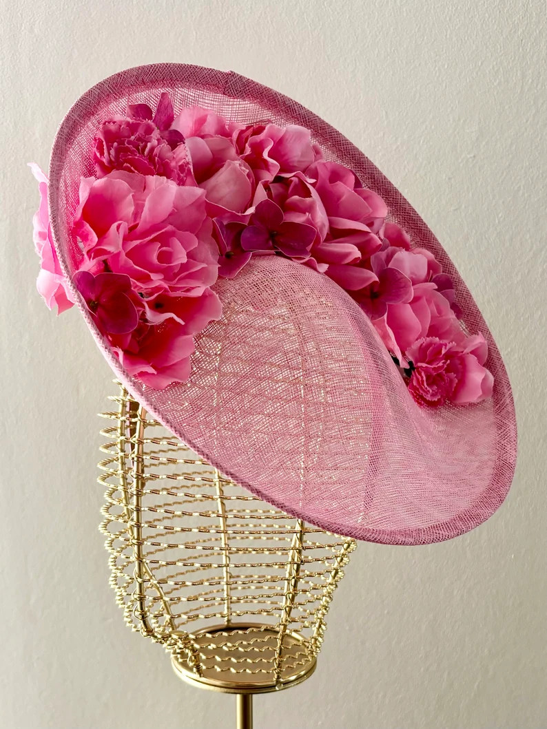 Large Statement Hat Fascinator Bright Fun Baby Pink Florals - Underneath and Top - Up Brim - Asco... | Etsy (US)