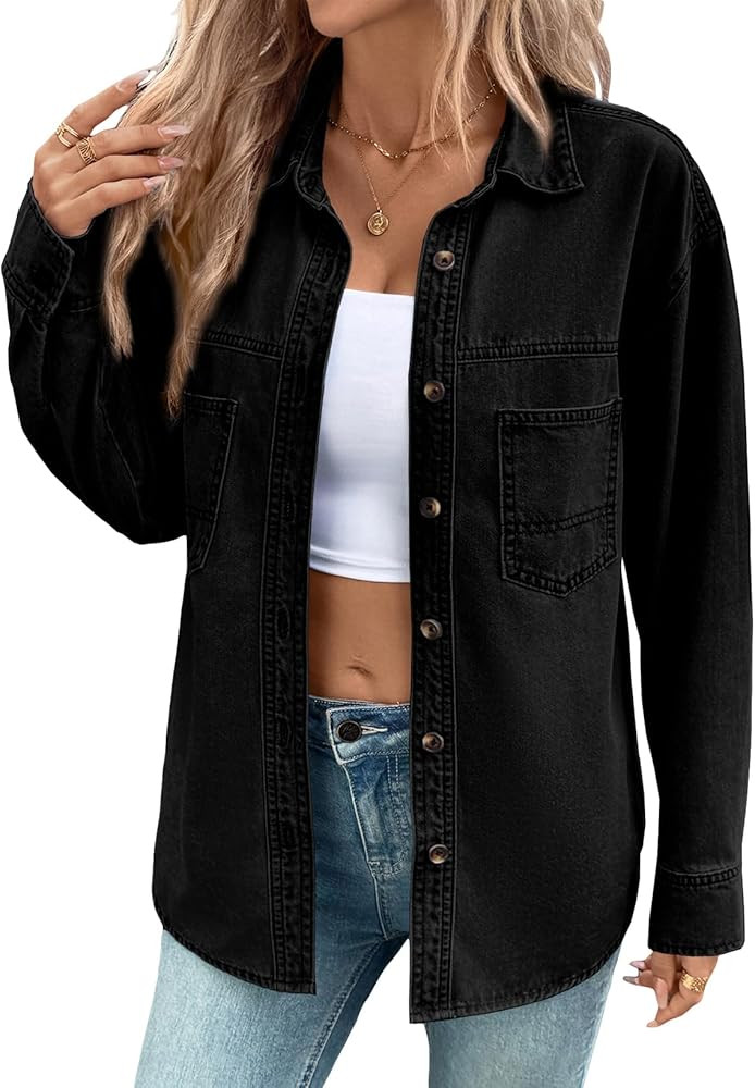 Sidefeel Women Denim Shirts Oversized Long Sleeve Button Down Blouse V Neck Casual Top Shackets | Amazon (US)