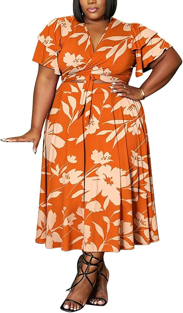 Women's Plus Size 2 Piece Outfits Summer Ruffle Short Sleeve Tie Up Crop Top and Flowy Maxi Skirt... | Amazon (US)