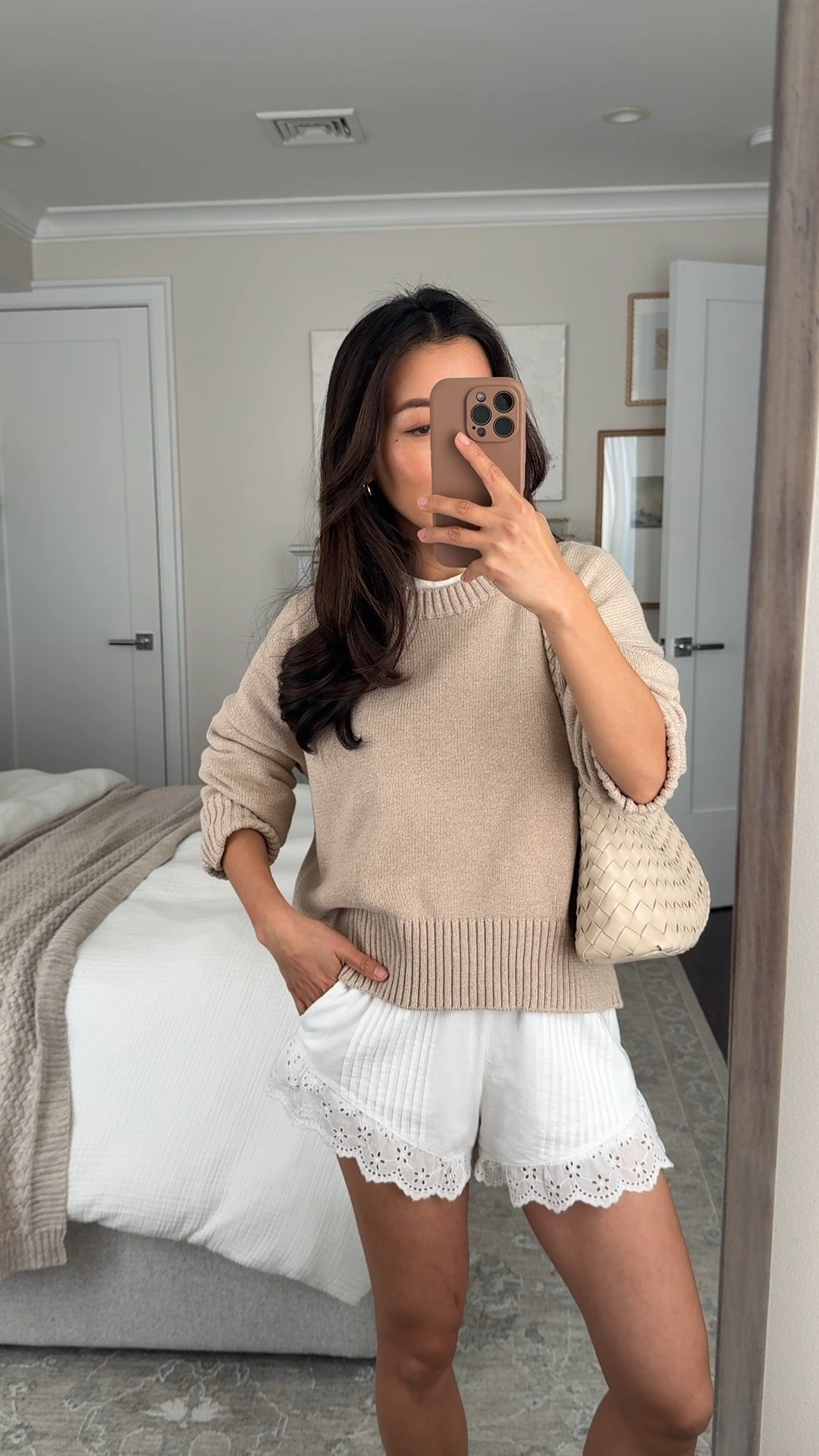 Sizing below:
- 100% cotton Quince sweater XS, oversized fit. I intentionally shrunk this a bit when I first got it by washing + drying on medium high. 
- Abercrombie cotton shorts xxs
- anthro woven bag
- sandals 5.5
- everlane tee S I sized up and wear it backwards so the collar neckline peeks out

#LTKootd #LTKmomlife #LTKPetite