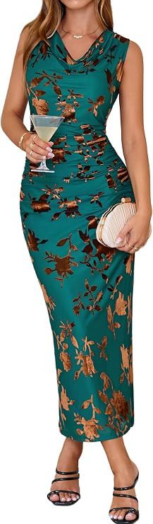 Simplee Womens Velvet Cowl Neck Fall Formal Wedding Guest Maxi Dress 2026 | Sleeveless Mesh Ruche... | Amazon (US)
