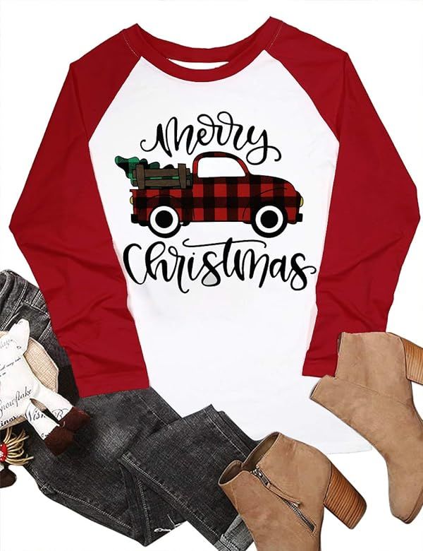 Merry Christmas Baseball T Shirts Women Christmas Long Sleeve Raglan Shirt Christmas Plaid Truck ... | Amazon (US)