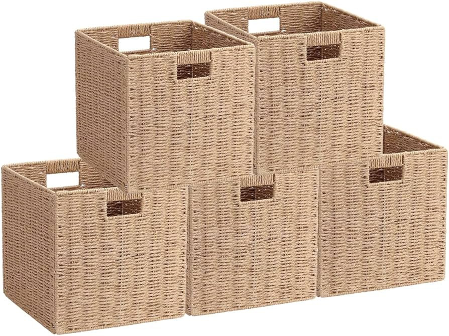 5 Pack Woven Storage Baskets for Shelves, Paper Rope Handmade Open Storage Bins, Pantry Baskets O... | Amazon (US)