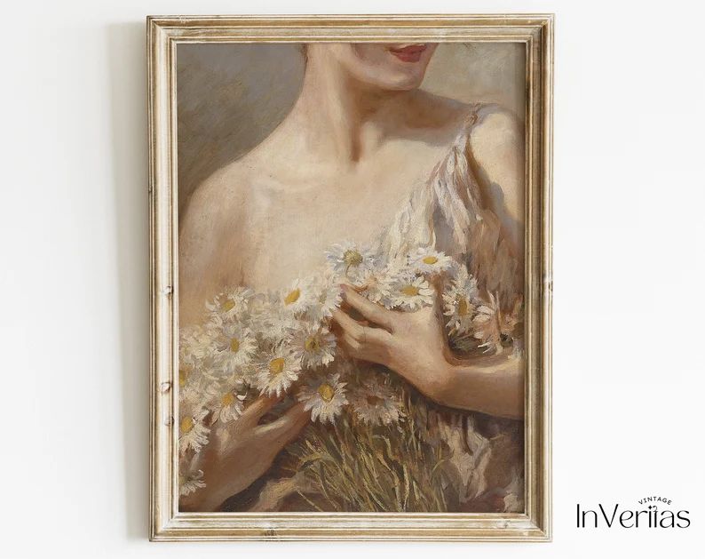 Ethereal Vintage Painting | Woman with Daisies | Dreamy Portrait Painting | PRINTABLE | No. 100 | Etsy (US)