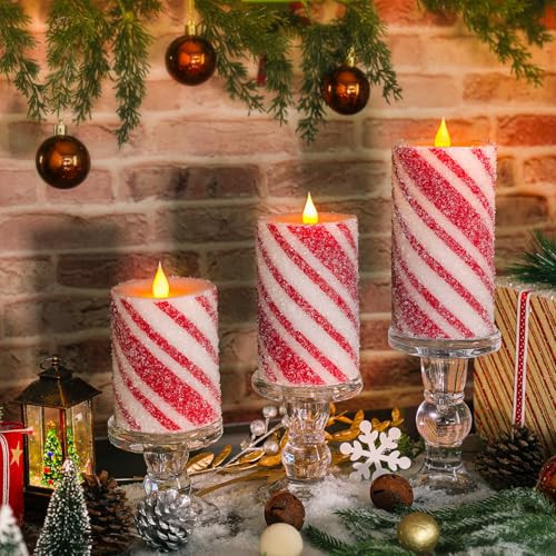 Christmas Flameless Pillar Candles Decor - 3PCS Candy Cane Stripe Real Wax Red and White LED Candles with Battery Operated for Home Christmas, New Year, Winter Wedding Party Decoration or Gift | Amazon (US)