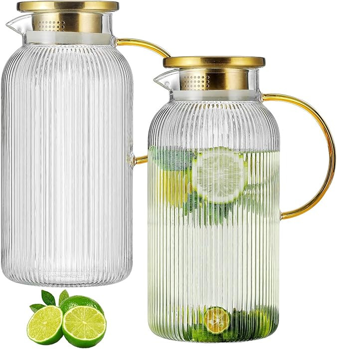 2 PACK Glass Pitcher with Lid, 68 oz/ 2 Liter Classic Vertical Stripes Water Pitcher with Yellow ... | Amazon (US)