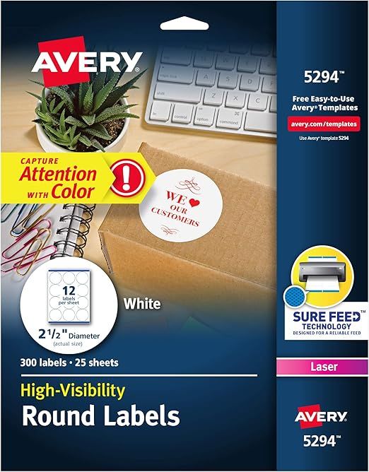 Avery High Visibility Printable Round Labels with Sure Feed, 2.5" Diameter, White, 300 Customizab... | Amazon (US)
