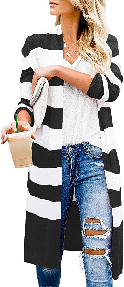 CARDYDONY Women's Long Cardigan Open Front Color Block Cardigan Knit Sweaters | Amazon (US)