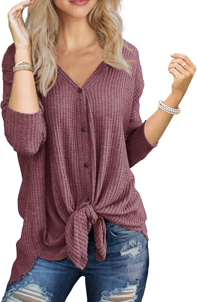 IWOLLENCE Womens Waffle Knit Tunic Blouse Tie Knot Henley Tops Loose Fitting Bat Wing Plain Shirt... | Amazon (US)